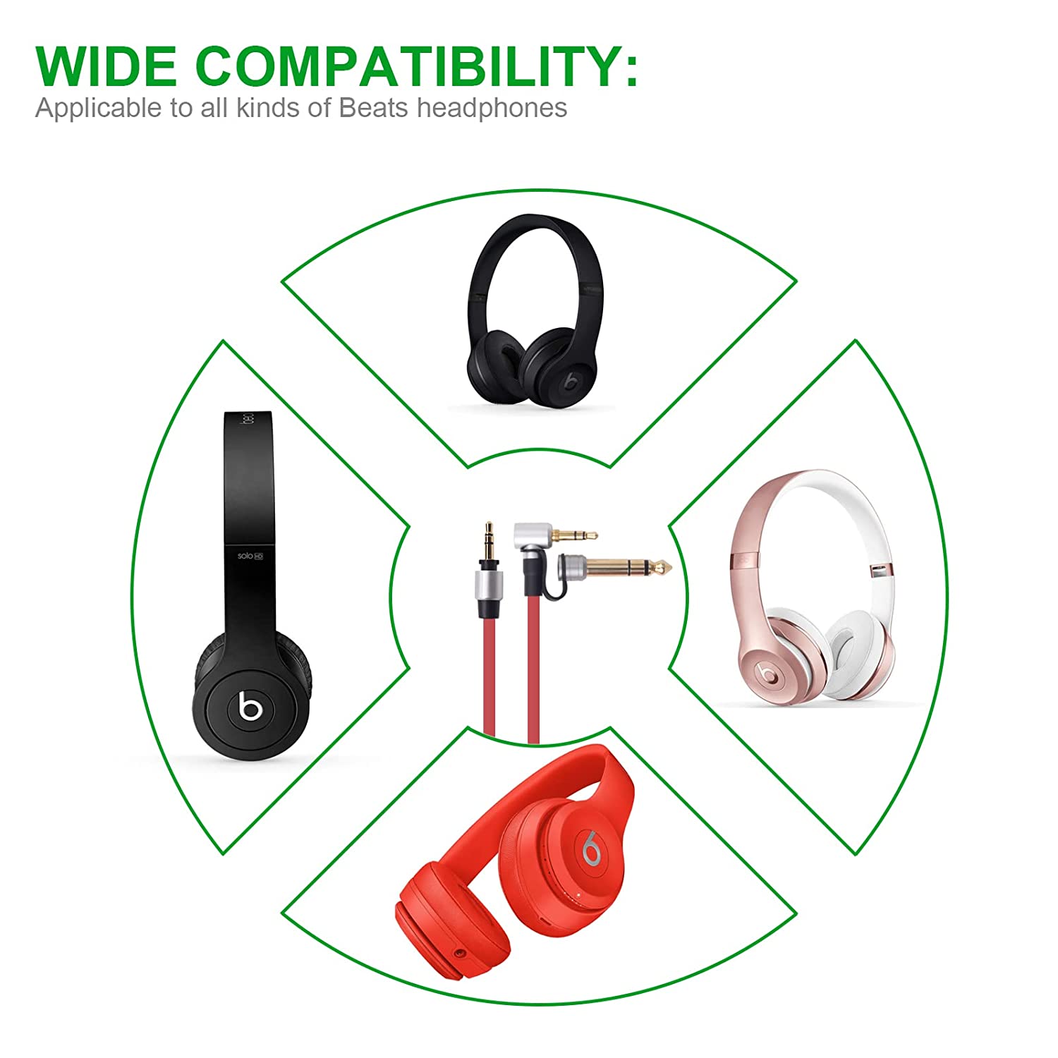 Ersättnings 3.5mm 6.5mm -ljudförlängningskabel kompatibel med beat by dr. dre solo studio pro detox trådlösa mixr-hörlurar