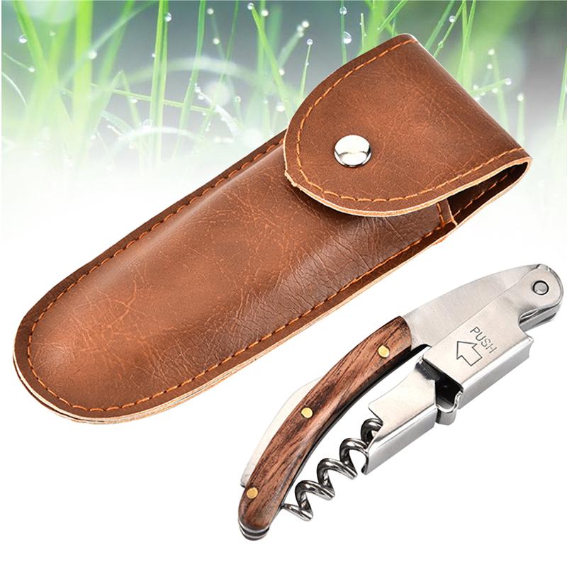 Bottle OpenerAll-in-one Stainless Steel Corkscrew with Wood Handle and Leather Case
