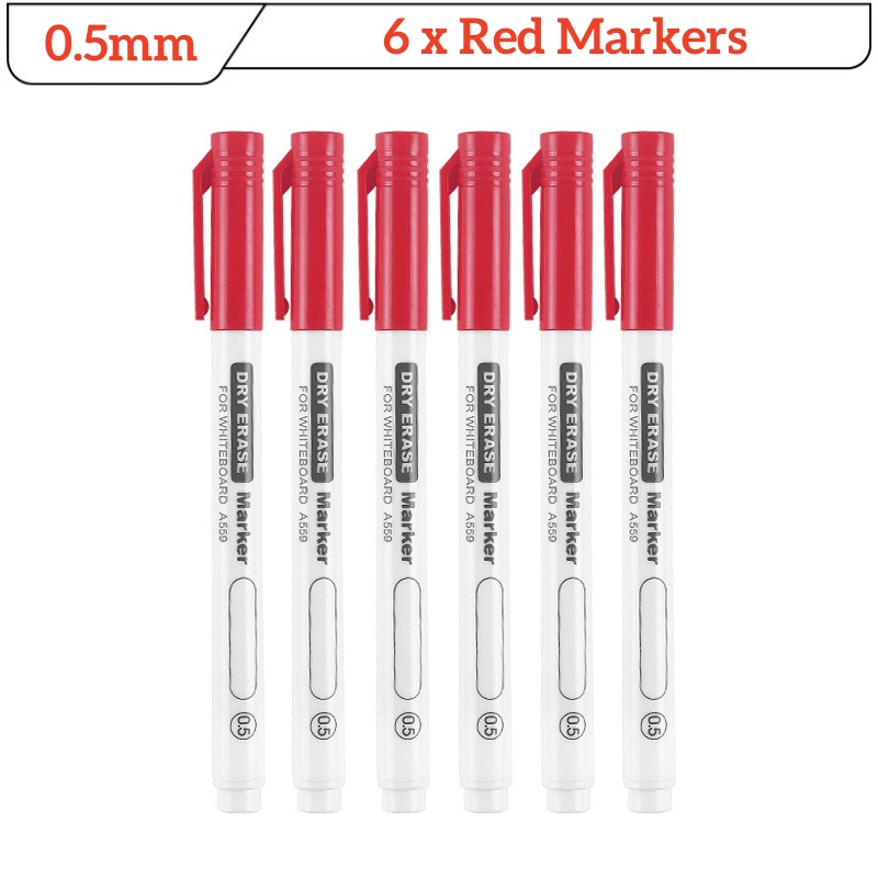 6 Stuks Fijne Tip Droog Wissen Markers Set 0.5/0.7/1.0mm Dunne Whiteboard Pennen Zwart Blauw Rood uitwisbare Markers voor Onderwijs Kantoor: Rood