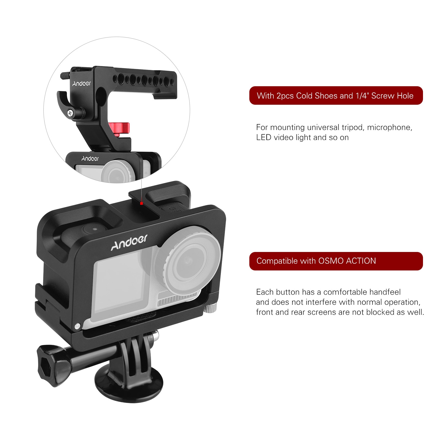 Andoer Del Metallo Della Macchina Fotografica Gabbia Compatibile per Osmo azione Vlogging di Ripresa con Fredda scarpa montare 1/4 Vite Interfacce