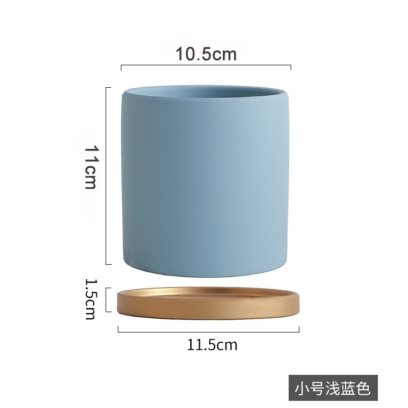 Eenvoudige, rechte, kleurrijke, cilindrische, keramische bloempot in europese stijl, vetplanten, bloemen, groene dillepot met gouden schaal: D-10.5cm