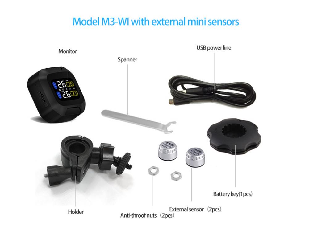 CAREUD M3, sistema de supervisión de presión de neumáticos en tiempo Real para motocicleta, resistente al agua, TPMS, inalámbrico, LCD interno o externo, sensores TH/WI