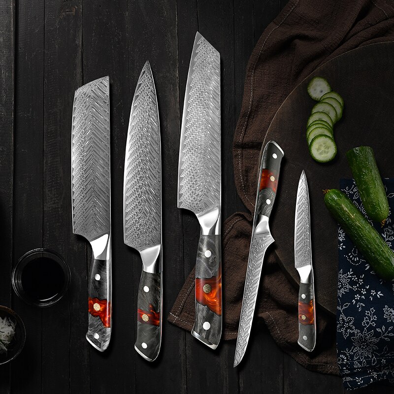 1-5 Pcs Damascus Kitchen Knife Set VG10 Japanese Steel Chef Knives Boning Knife Utility Knife Meat Vegetable Cutter GRANDSHARP