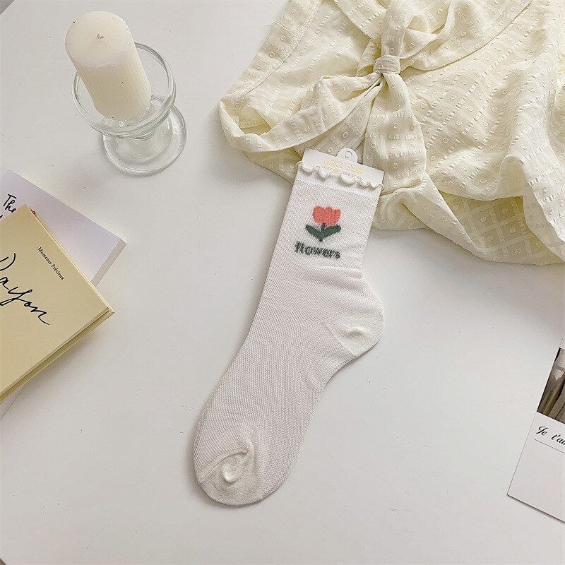 Calcetines largos con volantes para mujer, medias de estilo universitario, Harajuku, Retro: White