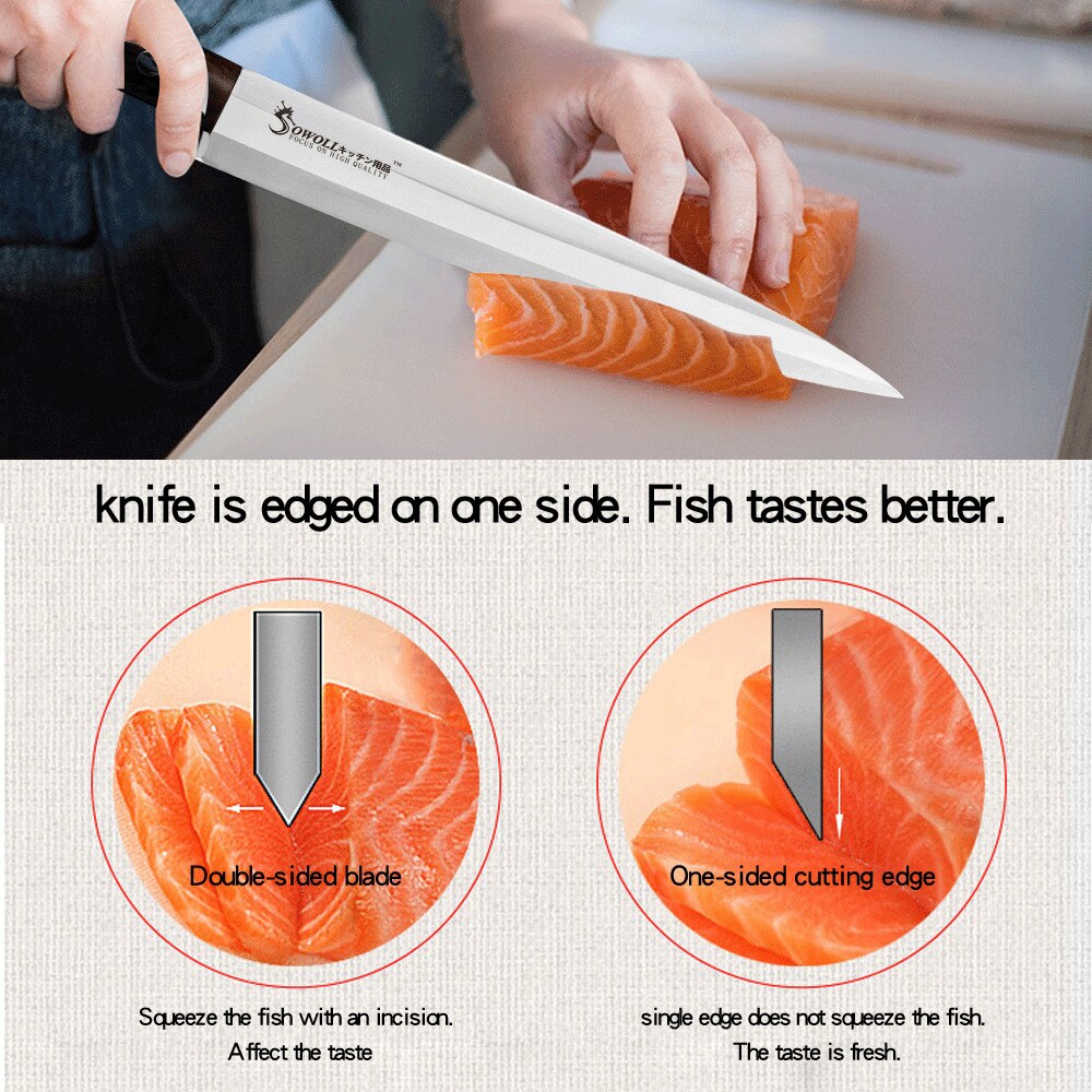 Sowall-keittiöveitsi ruostumattomasta teräksestä, korkea hiilikuitu, terävä terä, värillinen puukahva, sashimi-veitsi, liha-sushi-kala, vasen oikea käsi