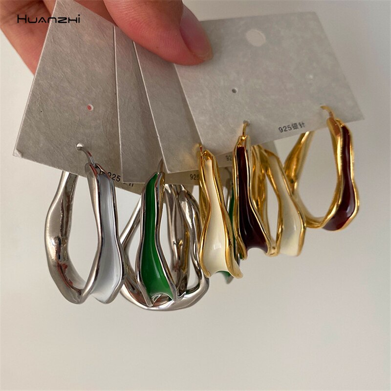 Huanzhi  s925 fargerike dryppende oljebøyle øredobber metall geometrisk uregelmessig gullfarge til kvinner jenter festsmykker