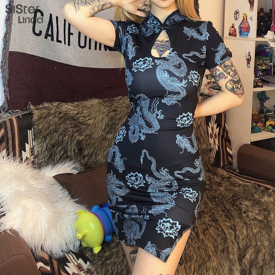 Siserlinda-Mini robe moulante imprimée Dragon, tenue femme, manches courtes, Cheongsam ajourée,