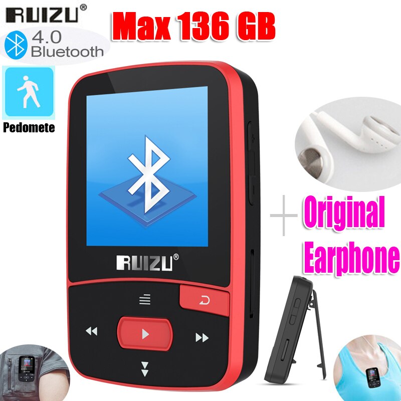 RUIZU X50 Sport Bluetooth MP3 player 8GB mini clip, with screen support FM, recording, e-book, clock, pedometer, SD card, clip