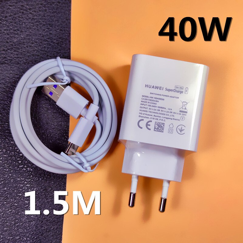 Huawei P40 Pro Original cargador 40W sobrecargar adaptador Usb 5A tipo C Cable para P30 P40 Pro amigo 20 30 Pro Nova 5t P20: EU 1.5M CABLE