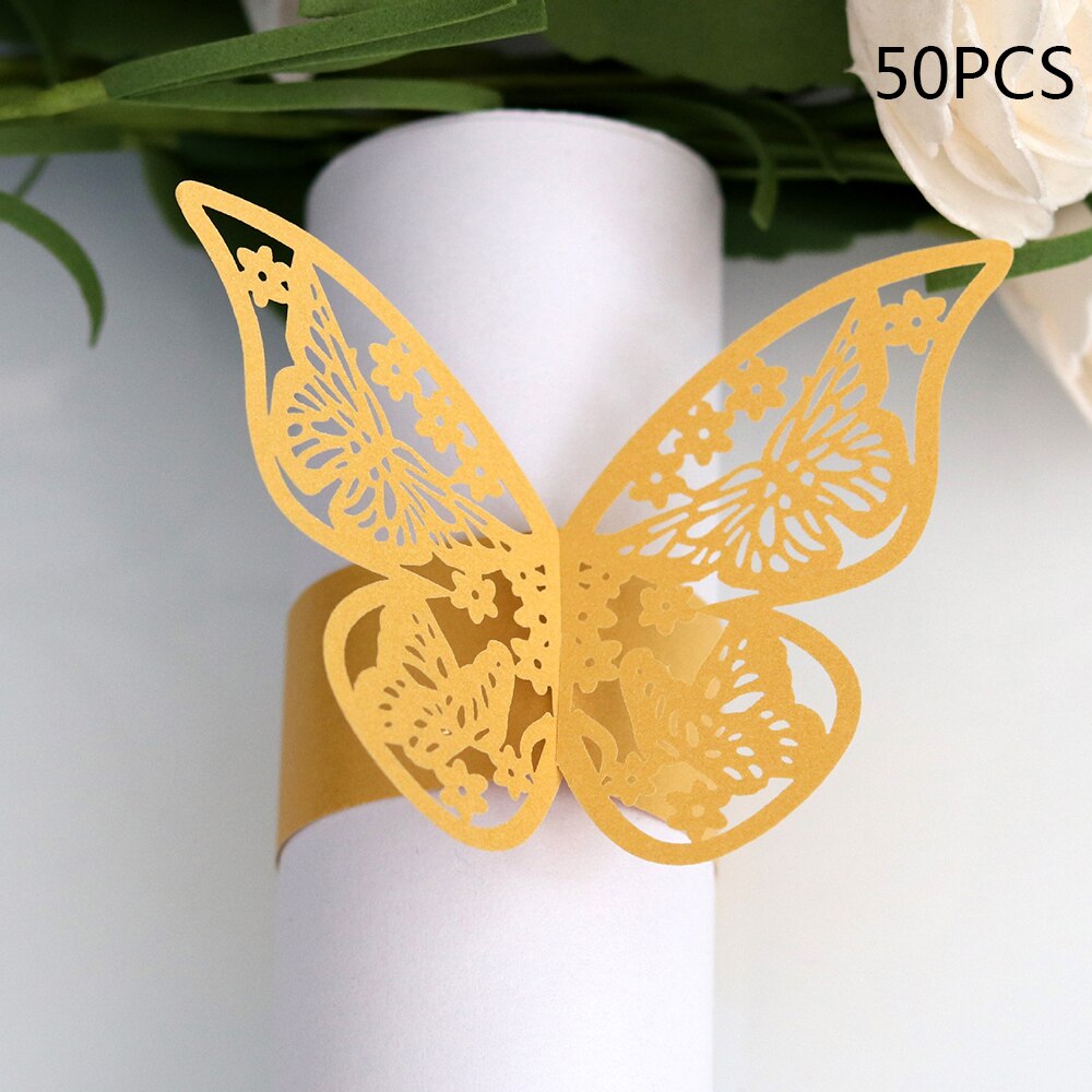 50 Stuks Jaar Hollow Papier Vlinder Servetringen Bruiloften Party Serviette Tafel Decoratie Gunst Voor Kerst: YELLOW