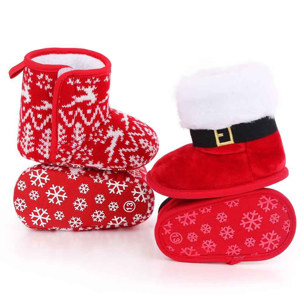 Newborn Baby Christmas Boots 0-18M Lovely Snowflake Santa Winter Warm Cotton Hook&Loop Anti-Slip Shoes Xmas Clothes