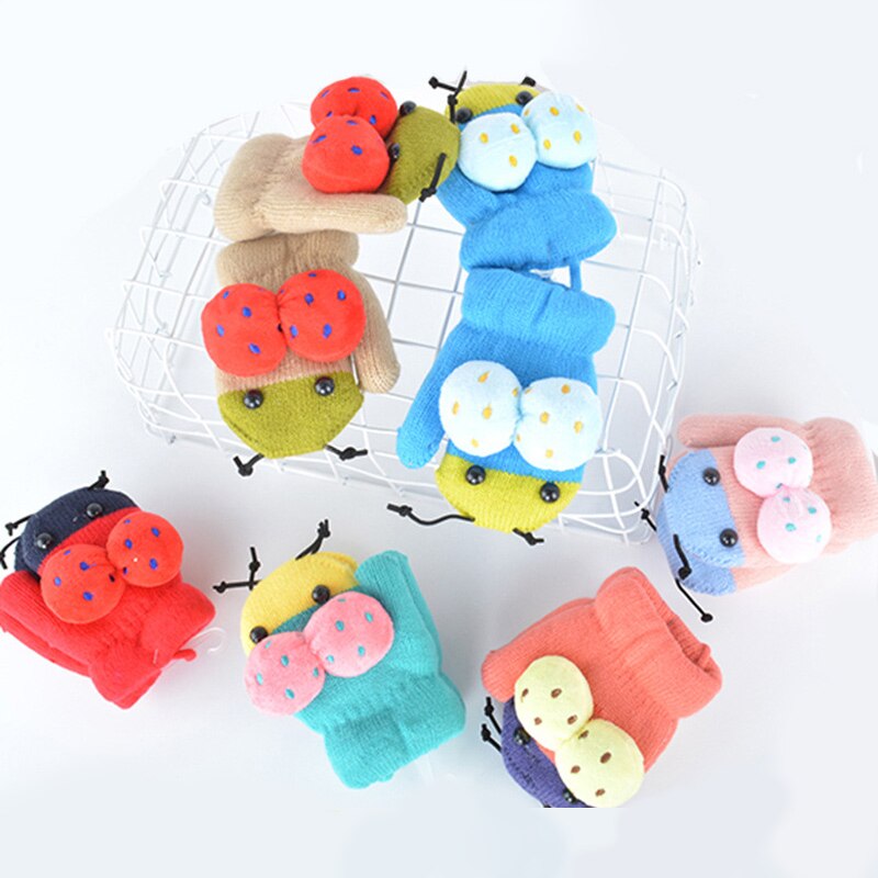 REAKIDS Cute Cartoon Children Gloves 2-5 Years Old Winter Knit Baby Mittens Velvet Thick Children Kids Keep Finger Warm