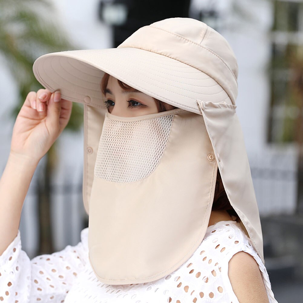 Women Anti-UV Sun Hat Outdoor Cap Wide Brim Neck Face Flap Protective Hiking Protect Cap: Khaki