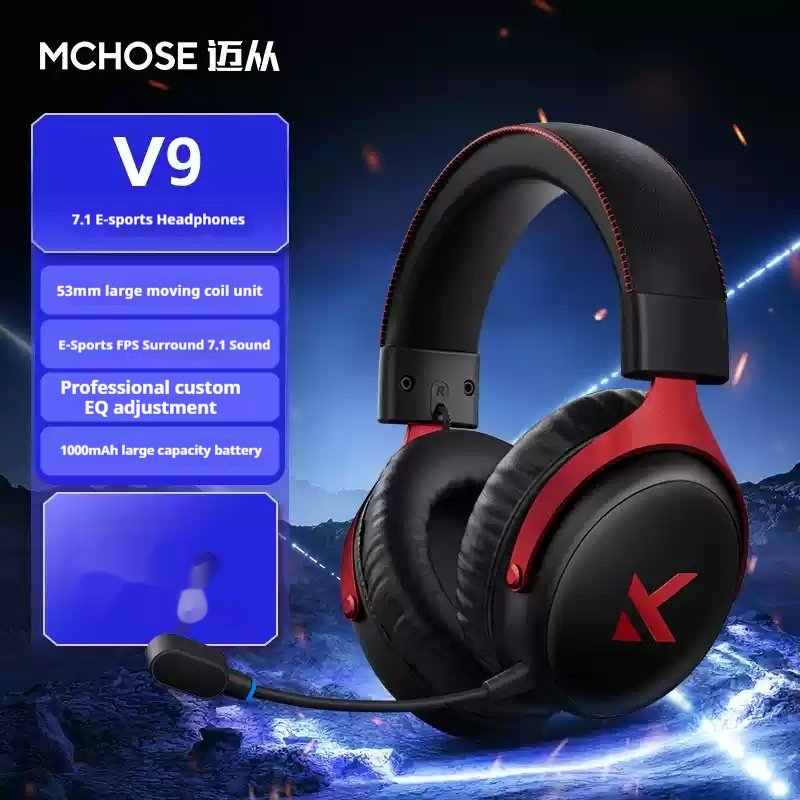 MCHOSE V9 Pro Wireless Headphone Bluetooth Tri-Mode Ergonomics Noise Reduction Moving Coil Low Latency Custom Gaming Headphones: Red