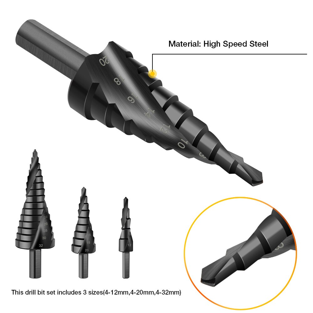 4-12/20/32mm Step Drill Bit Hss Cobalt Step Stepped Nitrogen Spiral Step Cone Metal Cutter Metal Cone Triangle Shank Hole Drill