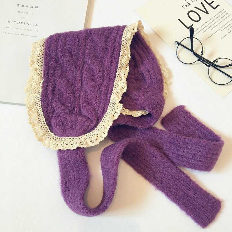 Oreillettes en dentelle pour bébés filles, couvre-oreilles en laine tricoté pour l'hiver, de Style japonais et coréen, mignon et bambins: purple