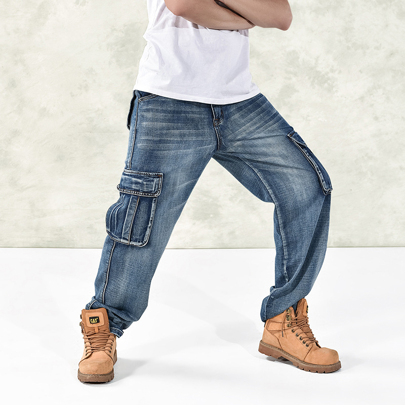 Men Casual Cargo Jeans Pants With Multi Pockets Loose Fit Hip Hop Denim Trousers For Male Baggy Jeans Plus Size 30-46