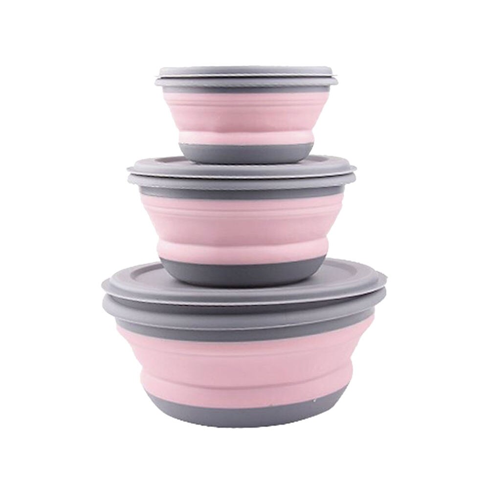 3pcs/set Foldable Silicone Tableware Set Portable Food Container Salad Dish Camping Travel Outdoor Food Bowl for Kitchen: pink