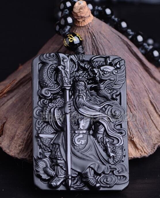 Mooie Chinese Handwerk Natuurlijke Zwarte Obsidiaan Gesneden Zwaard GuanGong Lucky Amulet Hanger + Kralen Ketting Mode-sieraden