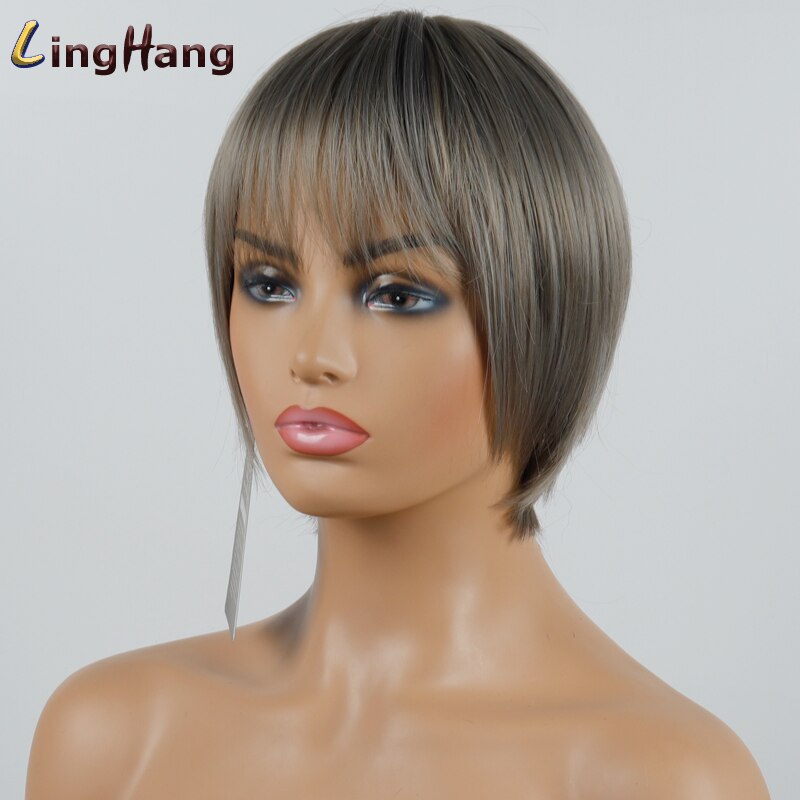 LINGHANG Short Brown Black Straight Wig Pixie Hair Cut Style Wigs For Women Synthetic Hair High Temperature Fiber