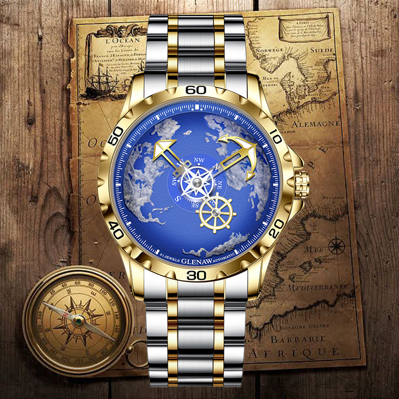 GLENAW Heren Horloges Nautische Serie Reiziger Roestvrij Staal Gloeiend Waterdicht Mechanisch Horloge Heren Klok GL8683
