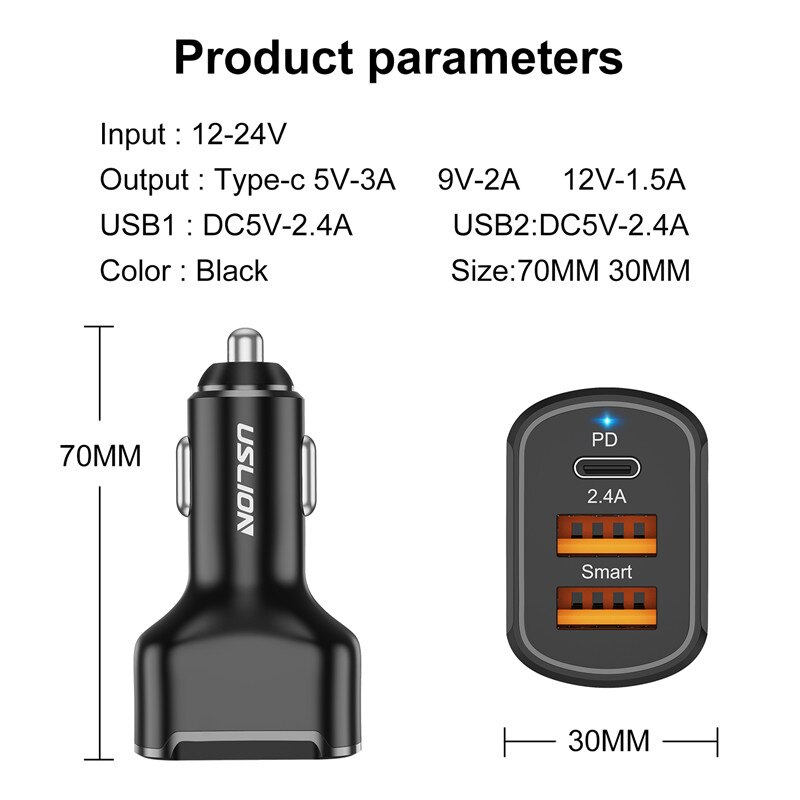 USLION caricabatteria da auto USB PD 30W 3 porte USB tipo C ricarica rapida per iPhone 12 Xiaomi Huawei adattatore per caricabatterie per telefono Samsung in auto