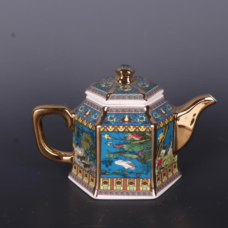 Qing qianlong målad guld emalj blomma och fågel tekanna antikt porslin antik teceremoni prydnad antik samling: Blå tekanna  x1
