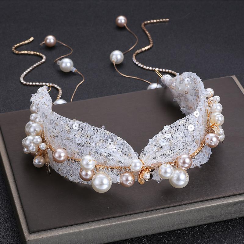Joyería nupcial para el cabello, diadema de encaje con perlas, diadema dorada con corona, Tiaras para novia, tocado para mujer, accesorios para fiestas y bodas
