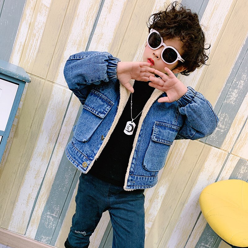 Jongens Dikke Denim Jasje Kraag Big Pocket Teddy Kasjmier Voering Jongens Herfst En Winter Kleding Peuter Winter Jas