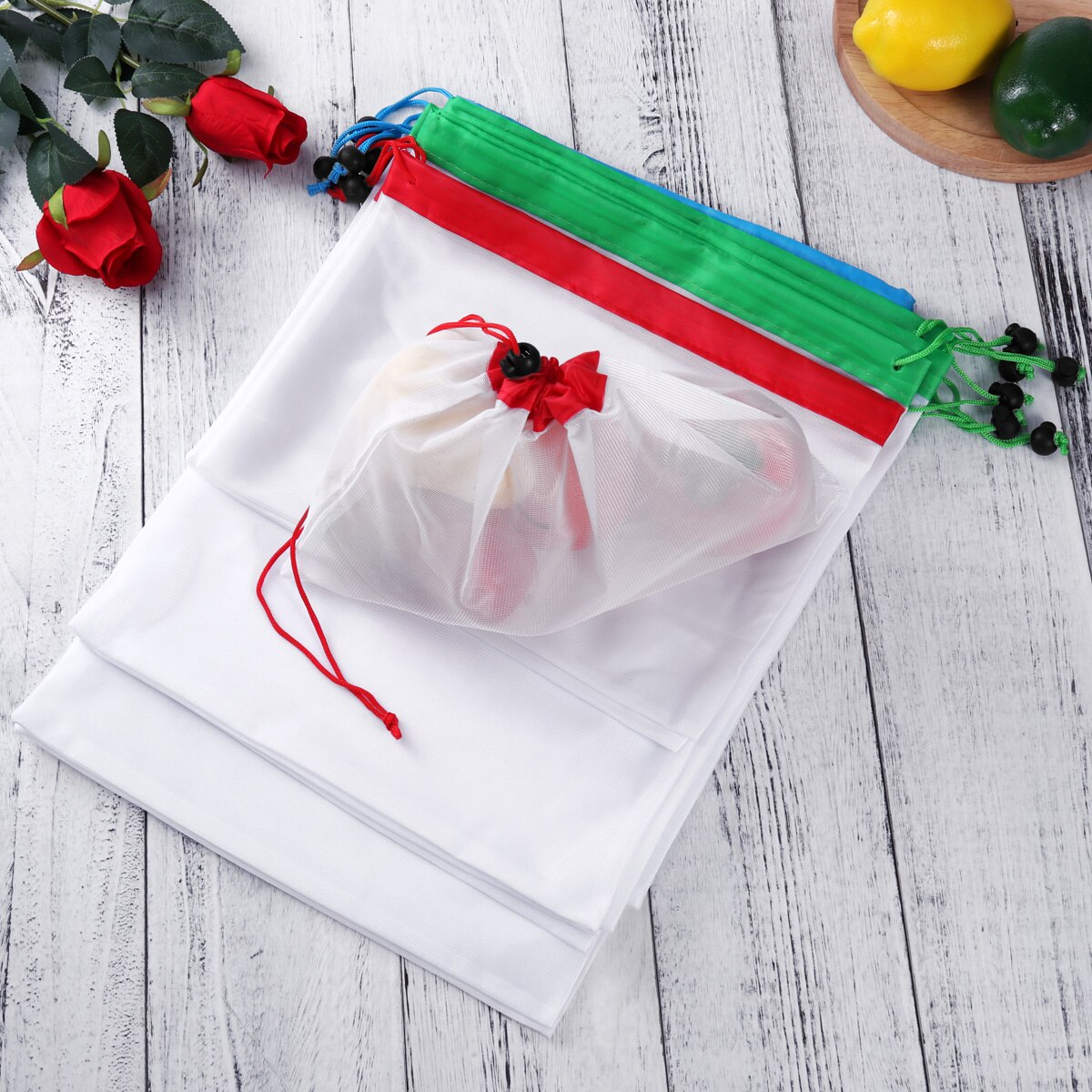 12 Pcs Herbruikbare Mesh Bags Wasbare Voor Kruidenier Opslag Fruit Groente Drie Grote 12x17in Zes Medium 12x14in Drie Kleine 12x8in