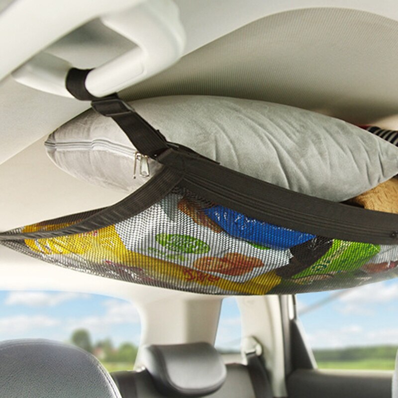 Bil bagageutrymme lastnät nät driva organiser tak förvaring nät ficka tak interiör väska auto universal multifunktion 루프박스 자동차: Med dragkedja
