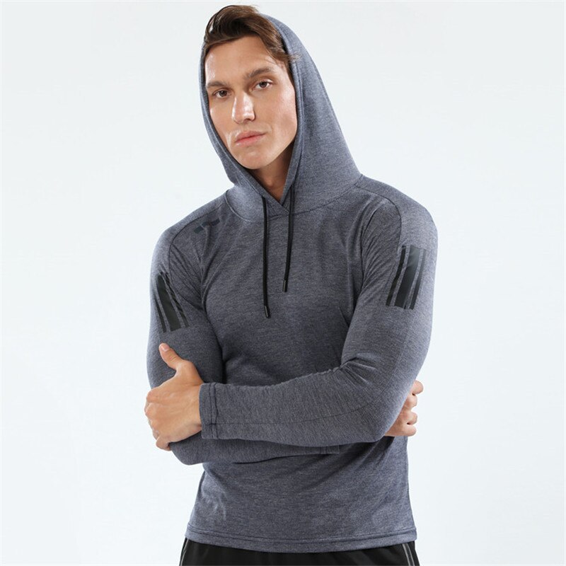 Sportshirt heren rashgard hardloopshirt hoodie met capuchon lange mouwen shirts gym t-shirt fitnesskleding trainingstop sportkleding: Koningsblauw / Xl