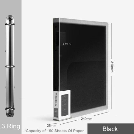 Carpeta de archivos con 3 anillas de colores, organizador de papel A4, 2 anillas transparentes, fundas organizadoras de documentos, carpeta de PVC A4: 3 Ring    Black