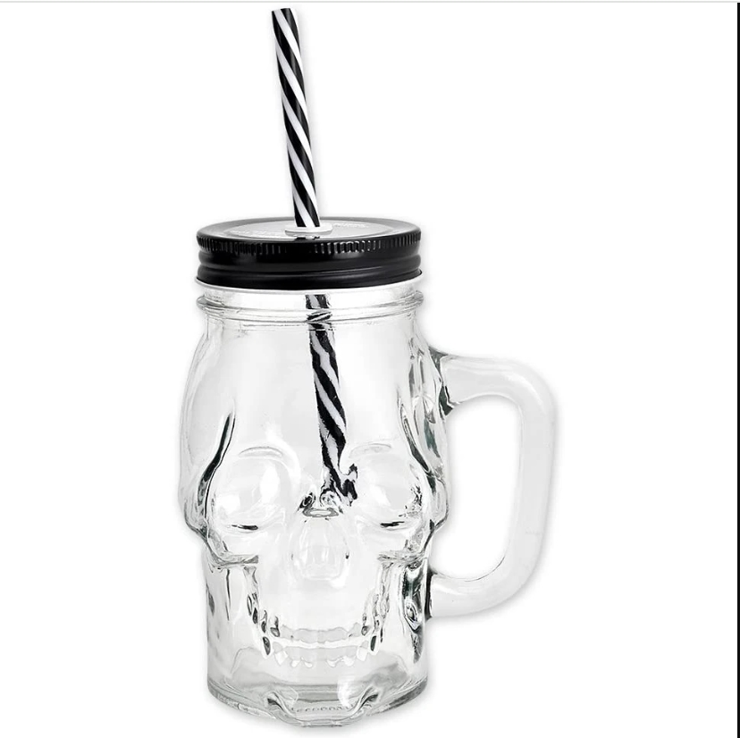 Dödskalle glas murare burk mugg tumlar kopp med lock och halm skalle ansikte glas bred mun murare burk dricksglas enkel burk 16oz: Transparent