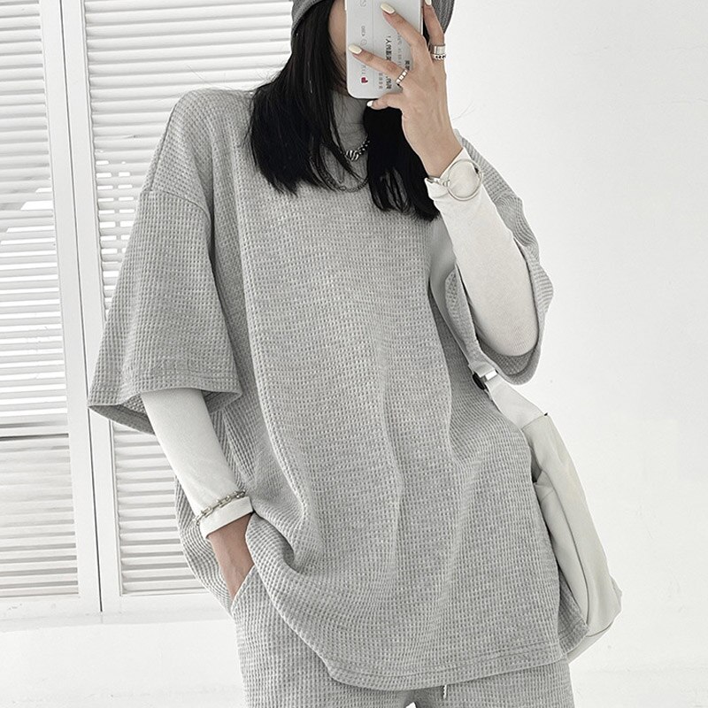 Ranberone Women Tracksuits Hip Hop Casual Two Piece Sport Suits Pullover Sweater Loose Shorts Women Streetwear Outfits Solid Set: Short sleeve / M