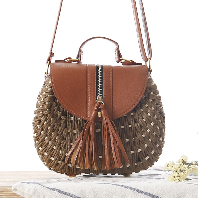 paper rope woven bag small fresh messenger straw bag beach vacation shoulder shoulder bag woven bag: Dark Brown