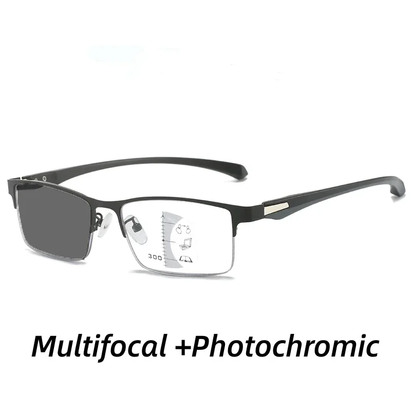 Progressive Multifocal Photochromic Reading Glasses Anti-blue Light Far Sight Glasses Men Half Frame Business Presbyopia Glasses: black / +75