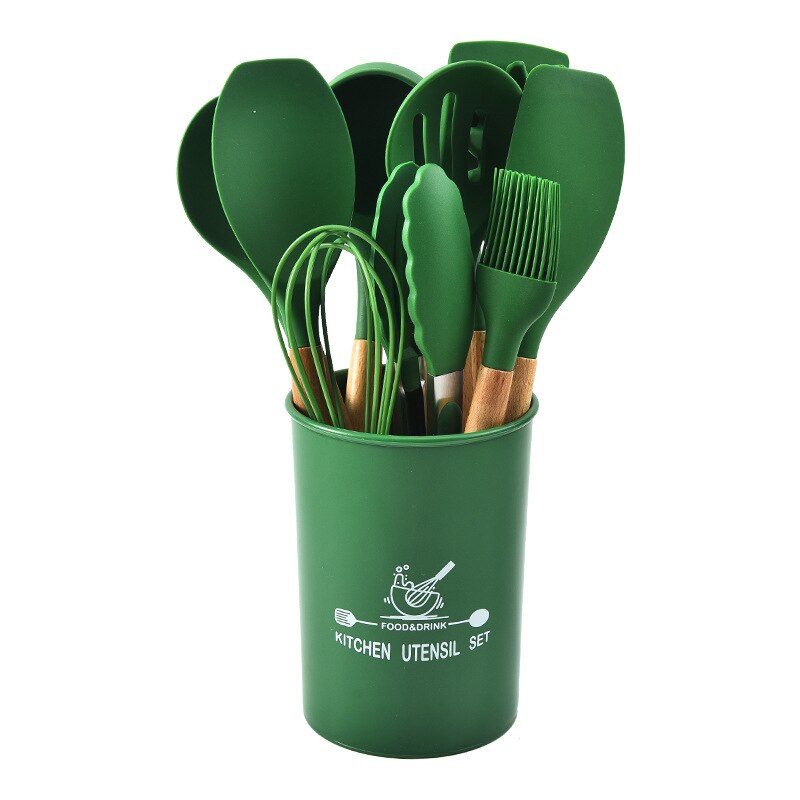12 Stks/set Food Grade Siliconen Koken Gereedschap Keuken Non-stick Ei Kloppers Spatel Keukengerei Huishouden Houten Handvat Item: Dark Green