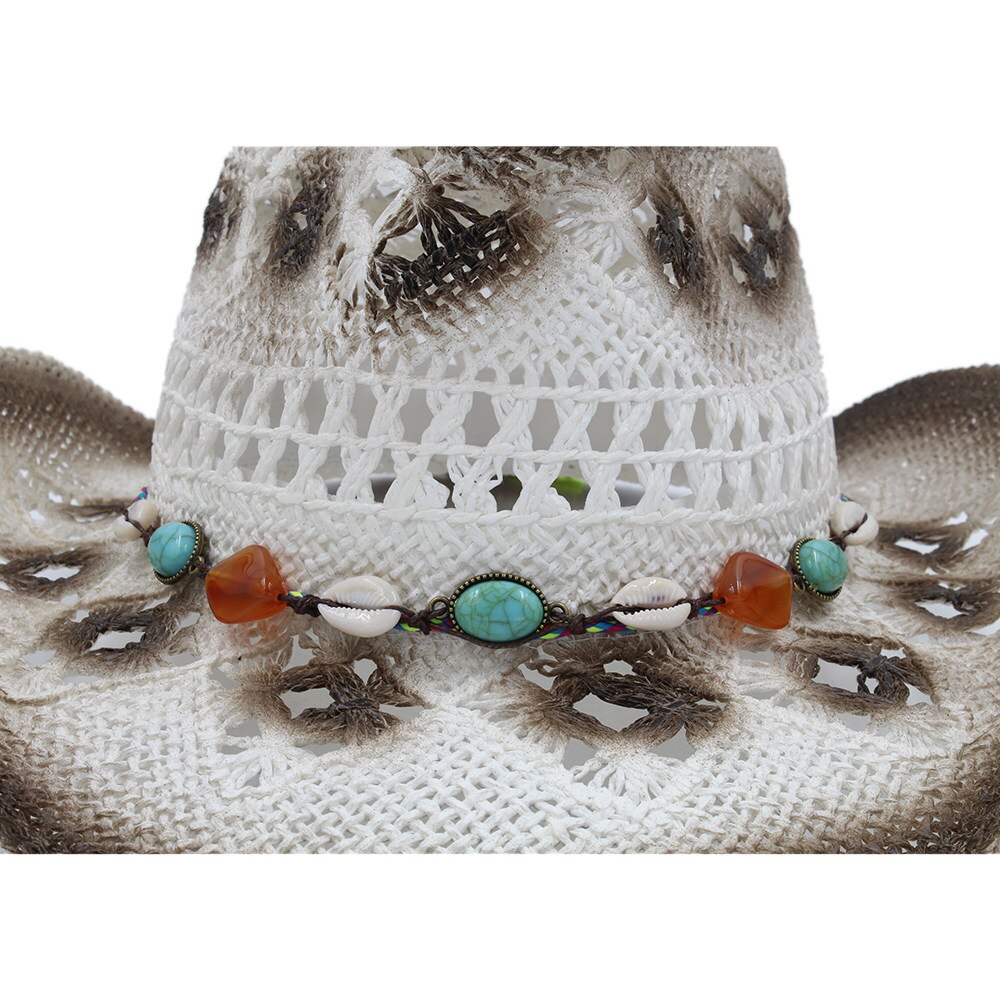 Sombrero de Cowboy del oeste para mujer, , con banda de concha Bohemia, tejido hecho a mano, Sombrero de Sol para playa, Sombrero de vaquera, talla 58CM