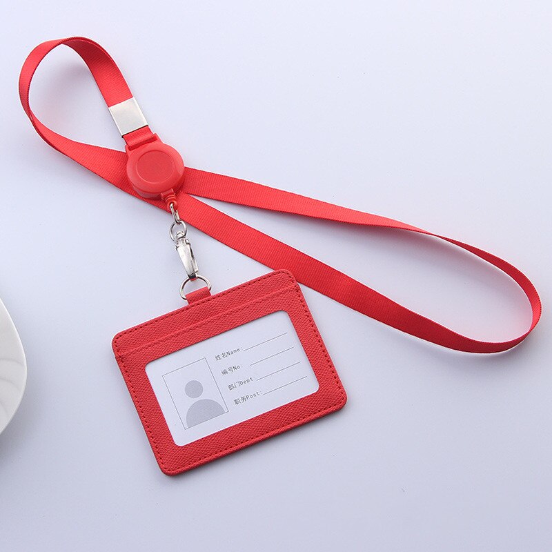 PU Leather Lanyard retractable badge holder ID card holder school lanyards id badge holder horizontal badge holder transparent: red-Horizontal