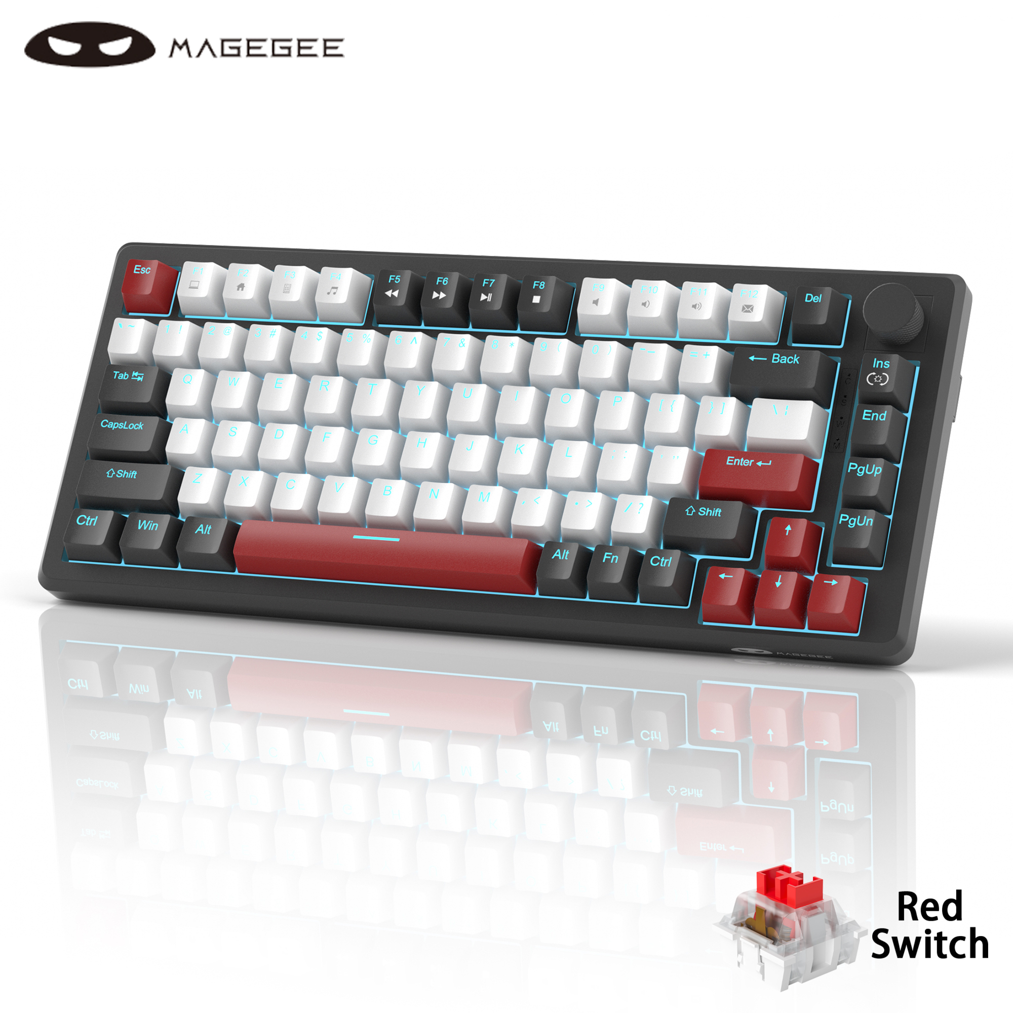 MageGee 75% Mechanical Gaming Keyboard with Knob Control, Blue Backlit Wired Gaming Keyboard Red/Yellow Switch for PC Windows: black