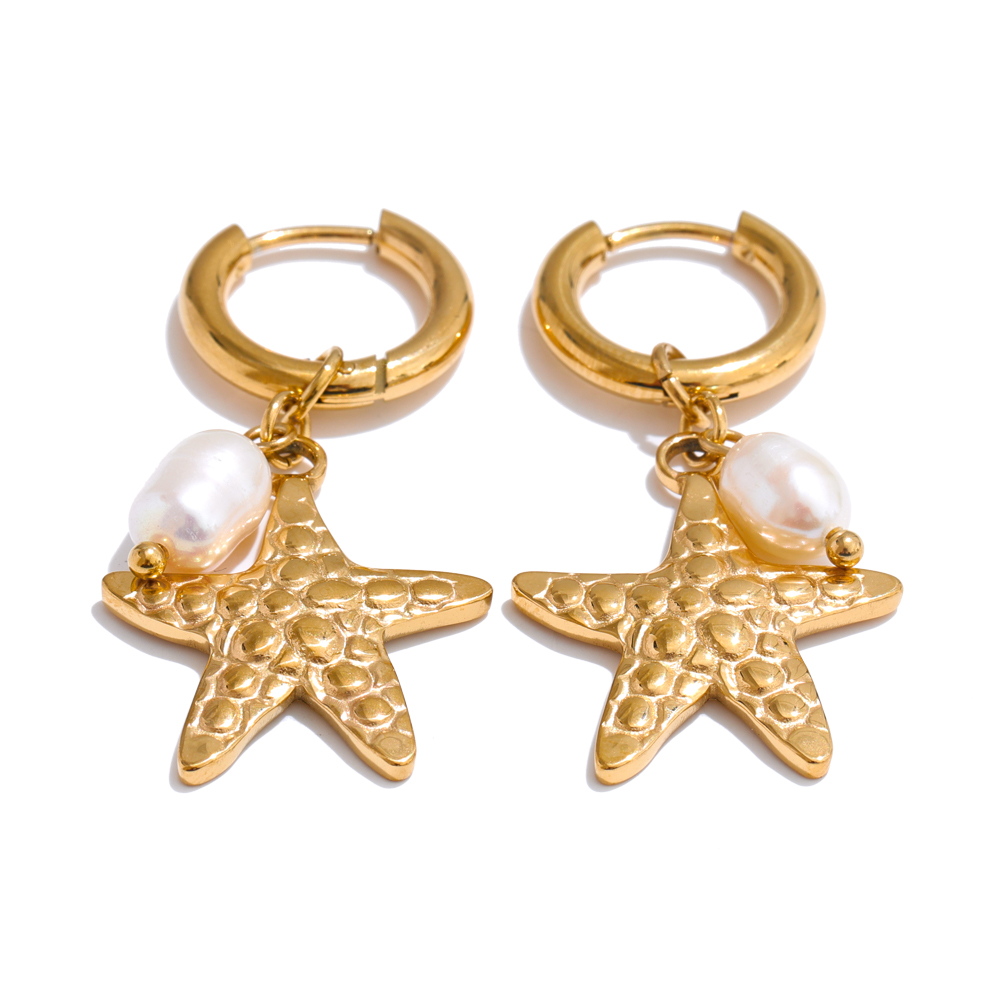 Yhpup Oceaan Stijl Natuurlijke Parel Schelp Zeester Zomer Hoepel Oorbellen voor Vrouwen Roestvrij Staal Dagelijkse Sieraden: Imitation Rhodium Plated