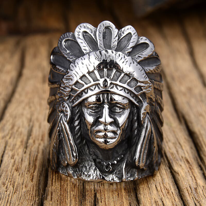 Gedetailleerde Indian Chief Ring Mannen 316L Rvs Biker Ring Mannelijke Enorme Punk Hip Hop Ringen Beste Cadeau Voor vriend