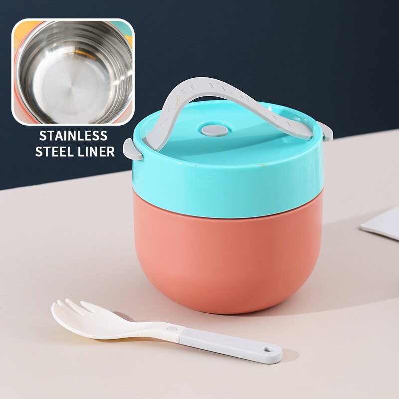 Portable Soup Cup Lunch Box Stainless Steel/Plastic Thermos Mug Food Container Thermal Cup Vacuum Bento Box With Spoon For Kids: B-Blue Pink