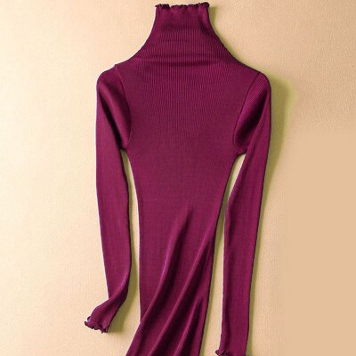 SuyaDream Women Solid Turtleneck Pullovers 80%Silk 20%Cotton Slim Fit Rib Sweaters Autumn Winter Bottoming Knit wear: Wine