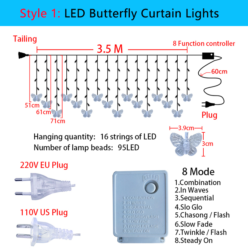 Rideau lumineux papillon à lumière LED, 3.5m, guirlande de noël, féerique, pour , mariage, fête, maison, nouvel an, décoration