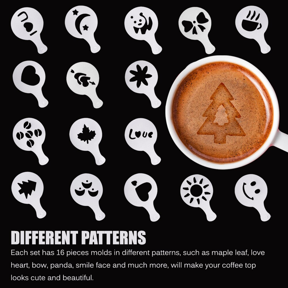 Koffie Tool C0ffee Decorating Mold 16 Stks/set Art Shaker Latte Latte Koffie Stencils Mallen Mallen Diy 16 Pcs Chocolade Lepel