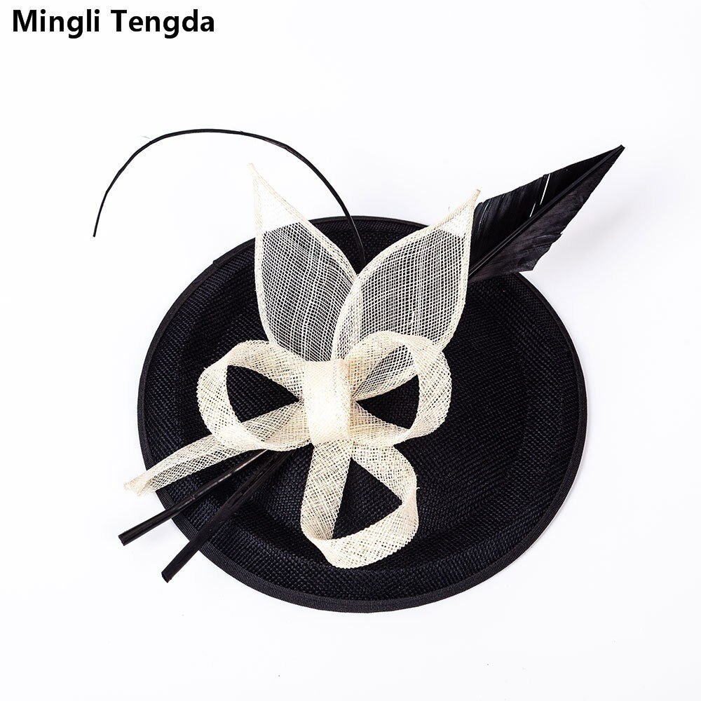 Mingli Tengda 6 colores Filipinas Cambric sombrero de Bodas de lino de la pluma nupcial tocado mujeres sombreros Azul Real