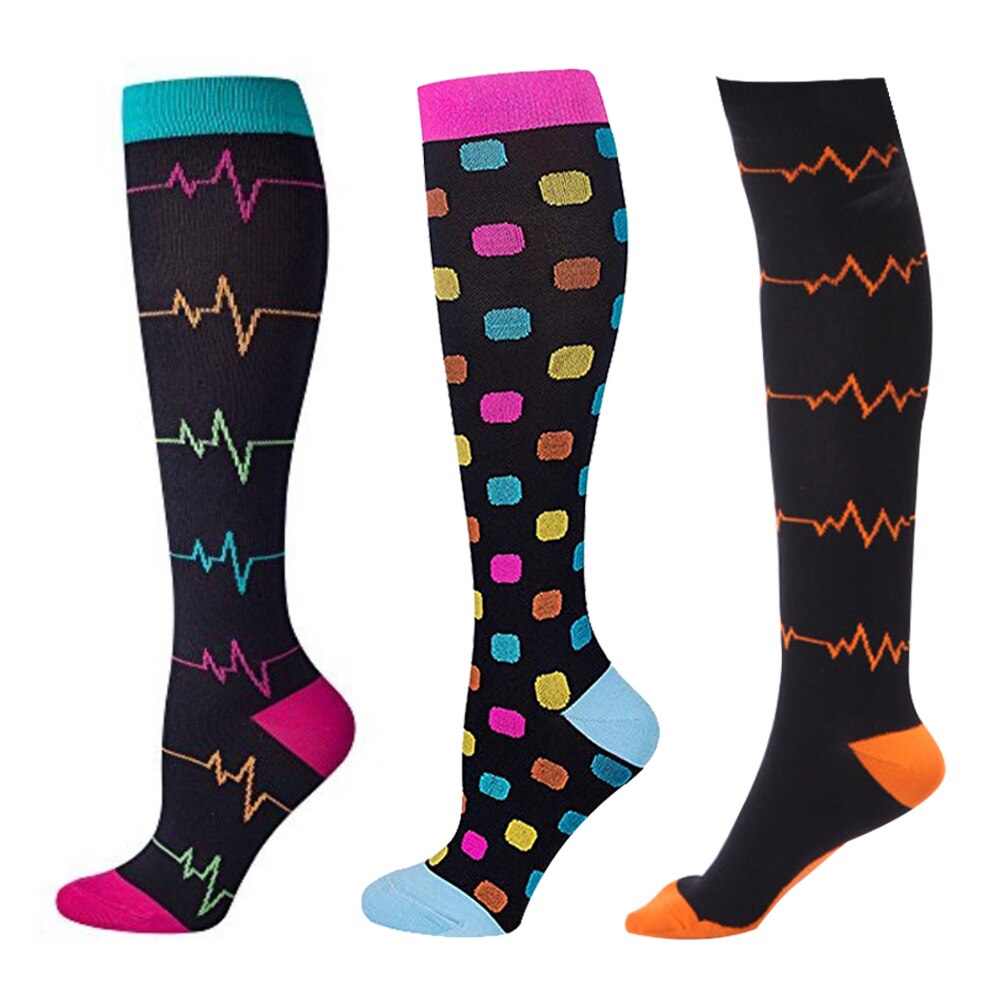3 Pairs Women Compression Socks Sports Nylon Flight Running Circulation Recovery Printed Stretch Hiking Travel Nursing: 1 / S M