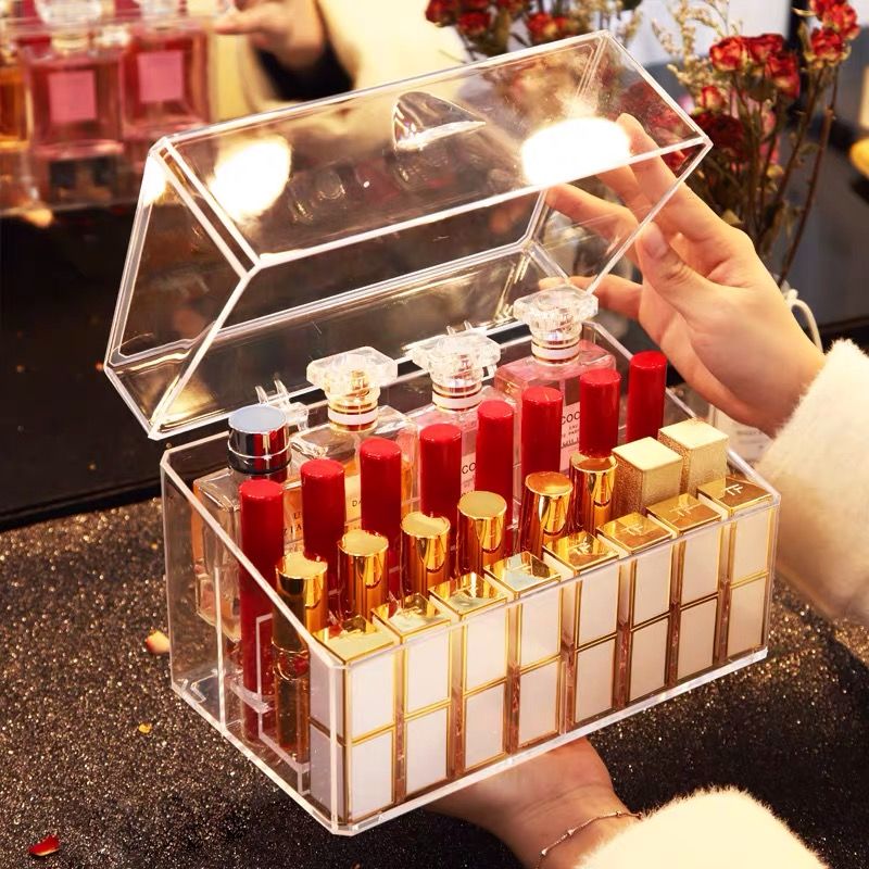 Makeup Organizer Storage Box with Lid Perfume Lipstick Display Shelf Acrylic Carrying Container Cosmetic Case High Capacity